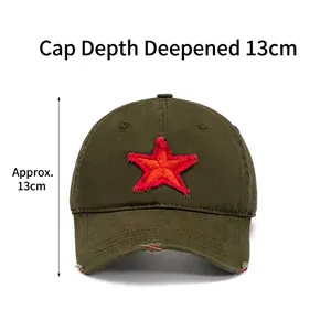 Army green cotton baseball cap with red star embroidery and distressed brim details