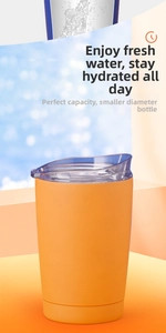 Détail du mug de voyage orange en acier inoxydable avec couvercle bleu et corps mat