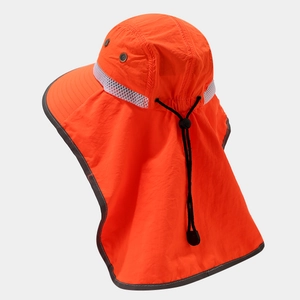 Detail of high-visibility orange sun hat with neck flap and breathable mesh panel