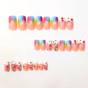 Faux ongles carrés arrondis dégradé arc-en-ciel et à pois, lot de 24 pièces colorées