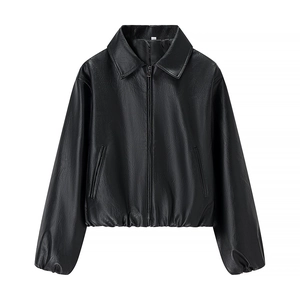 Women's black PU leather short jacket with lapel collar and zip closure on white background
