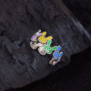 Silver rabbit enamel ring with colorful dopamine cartoon charms and open adjustable band
