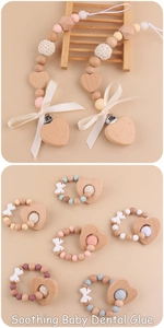 Silicone and wooden baby teething chains with colorful crochet beads and heart pendants