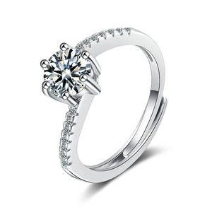 Silver open ring featuring a classic round cubic zirconia in a six-prong setting