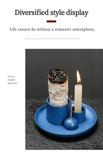 Deep blue ceramic sage and candle holder set on dark stone base for home decor