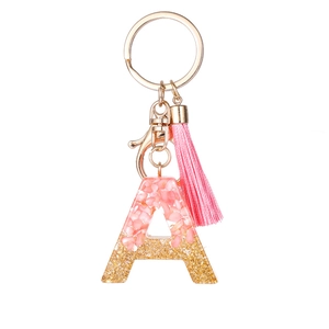 Pink Gold Foil Resin Alphabet Keychain 26 English Letters Initial Keyring With Tassel Pendant For Women Bag Accessories Gift