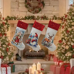 Set of 3 Christmas stockings with Santa, Snowman and Reindeer by a warm fireplace