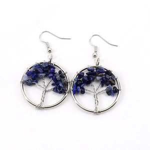 Handmade silver tree of life earrings with bohemian purple crystal stones and wire wrap