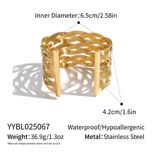 Detailed view of hollow mesh textured gold stainless steel open cuff bangle with dimensions