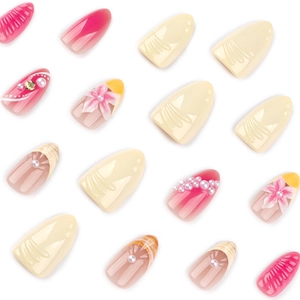 Short almond press-on nails with 3D floral designs, pearls, and pink gradient finish