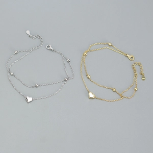 925 Sterling Silver Double Layer Bracelet Heart Pendant Metal Beads Adjustable Minimalist Sweet Jewelry For Women