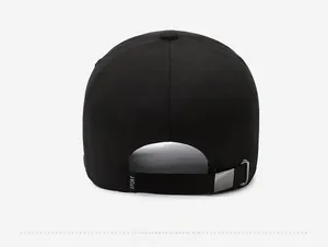 Detailed back view of a black sport baseball cap with adjustable metal buckle and sport tag