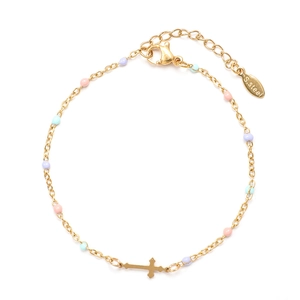 Detail of gold stainless steel bracelet with colored beads and cross charm closure