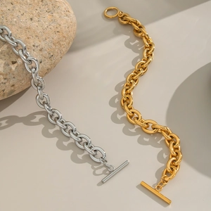 Détails du bracelet à maillons épais en or 18 carats et argent avec fermoir à bascule OT sûr