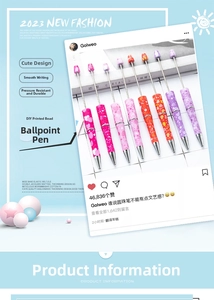 Detail of DIY beadable pens with Valentine heart patterns and metallic silver tips
