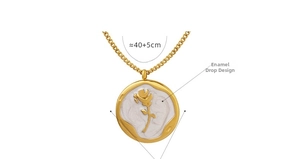 Detail of gold rose pendant with white enamel drip and 40+5cm adjustable chain