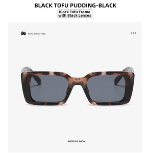 Detailed front view of rectangular leopard print sunglasses with dark grey lenses