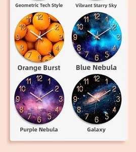 Detailed view of four modern circular wall clocks featuring cosmic and orange patterns