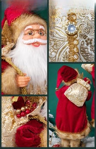 Macro details of Santa figurine showing gold jacquard fabrics and festive embroidery