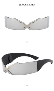 Front and side view of frameless Y2K cyberpunk sunglasses with silver mirror lens