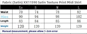 Guide des tailles détaillé pour la jupe midi en satin avec mesures de taille et hanches