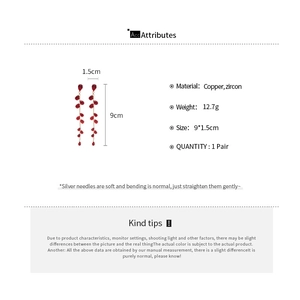 Detailed size specifications of long red cubic zirconia tassel drop earrings with silver needle