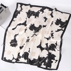 Elegant Black And White Floral Print Satin Square Scarf Polyester Silk Like Large Shawl For Women Travel Sun Protection Headscarf
