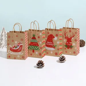 Christmas Gift Bags Kraft Paper Tote Packaging Handbags With Handles Reindeer Snowflakes Tree Patterns Holiday Party Favors