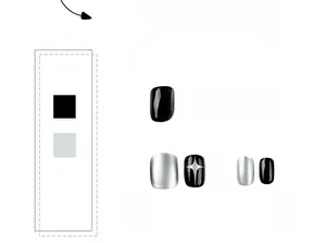 Detail of black and silver Y2K press-on nails featuring metallic star patterns and glossy finish