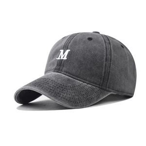 Vintage washed charcoal cotton baseball cap with white 3D embroidered M letter logo