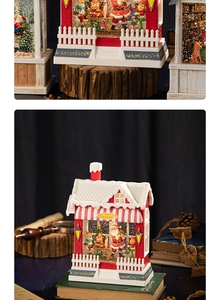 Detail of Santa's Workshop musical box with snow-covered roof and miniature festive scene