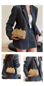 Fashionable gold shimmering evening clutch with metal chain strap shown from multiple angles