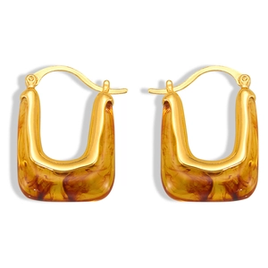 French style 18k gold plated U-shaped hoop earrings with amber resin texture