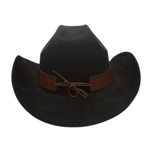 Detail of a black felt cowboy hat with a brown leather band and rustic cord knot decoration