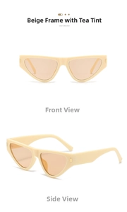 Detail view of beige cat-eye sunglasses with brown lenses and stylish rivet accents