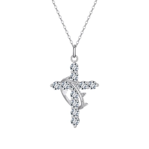 Elegant silver crown cross necklace with sparkling cubic zirconia stones on white background
