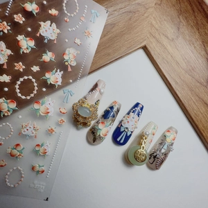 Chinese style nail art kit with peach, jade rabbit, and pearl 3D embossed nail stickers