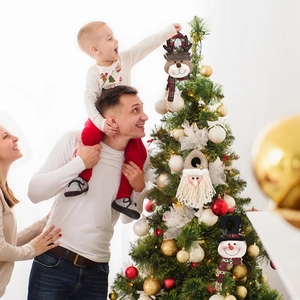 Christmas plush ornaments featuring Santa, Snowman, and Reindeer for holiday tree decoration