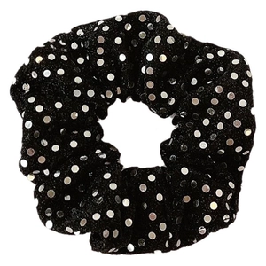 Elegant black scrunchie with sparkling silver sequins for women’s stylish hair styling