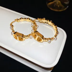 Vintage Gold Plated Hoop Earrings With Imitation Artificial Pearl And Silver Earring Post Elegant Fashion Jewelry For Women