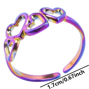 Detail of adjustable hollow heart ring with iridescent rainbow gradient finish
