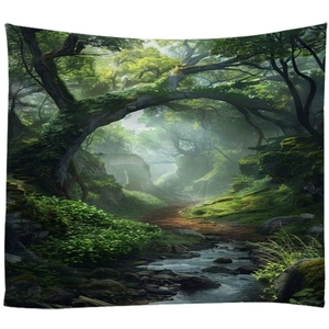 Dreamy forest tapestry with sunlight trees and stream for wall hanging home decor