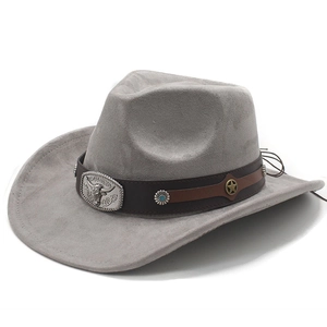 Detail of grey suede western cowboy hat with brown leather band and bull head buckle
