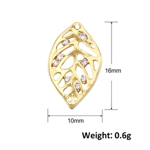 Golden leaf pendant with rhinestones measuring sixteen by ten millimeters for DIY jewelry