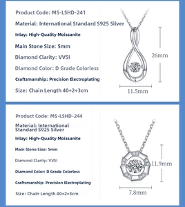 Detailed specs of S925 sterling silver necklaces with dancing moissanite stones