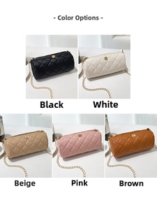Quilted cylinder bags with floral accent in black, white, apricot, pink, and brown