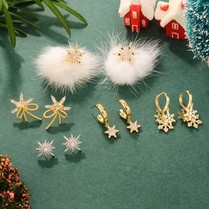 Christmas Snowflake Earrings With Faux Fur Ball And 925 Sterling Silver Earring Post Alloy Zircon Winter Jewelry For Women