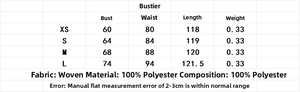 Size chart for floral strapless dress with XS-L measurements and 100% polyester fabric info