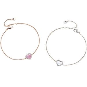 Pink and white heart charm bracelets with inlaid crystals and shiny metallic finish