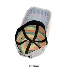 Internal detail of denim baseball cap showing colorful striped lining and metal buckle